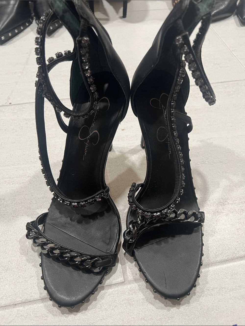 Jessica Simpson Black Embellished Chain Strap Heels